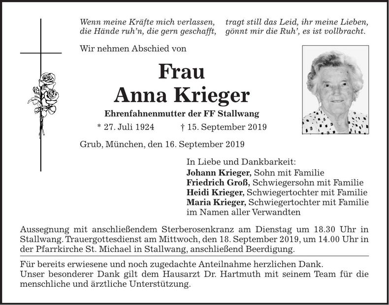 Traueranzeige Anna Krieger