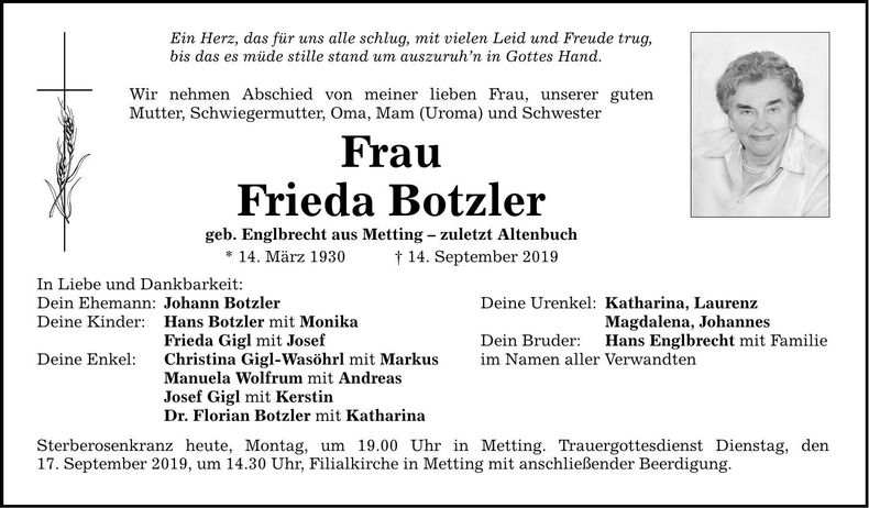 Traueranzeige Frieda Botzler