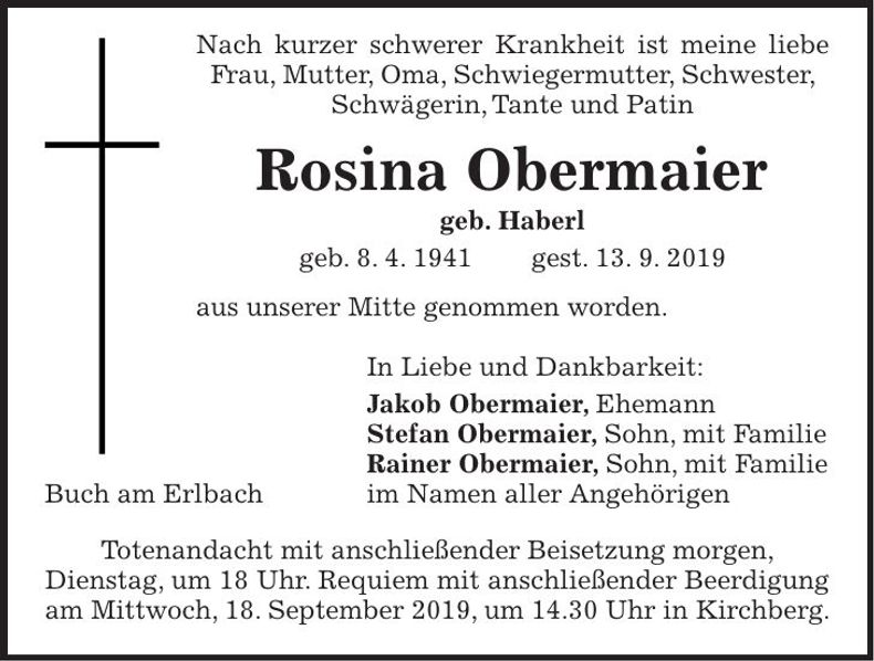 Traueranzeige Rosina Obermaier