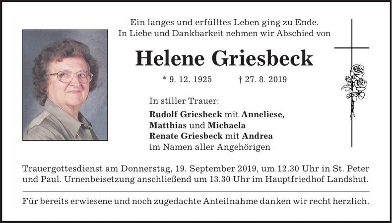 Traueranzeige Helene Griesbeck