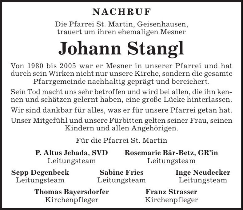 Traueranzeige Johann Stangl