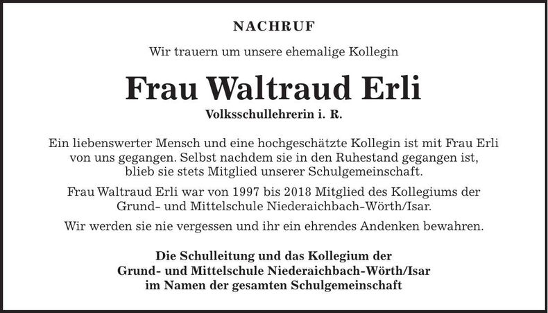Traueranzeige Waltraud Erli
