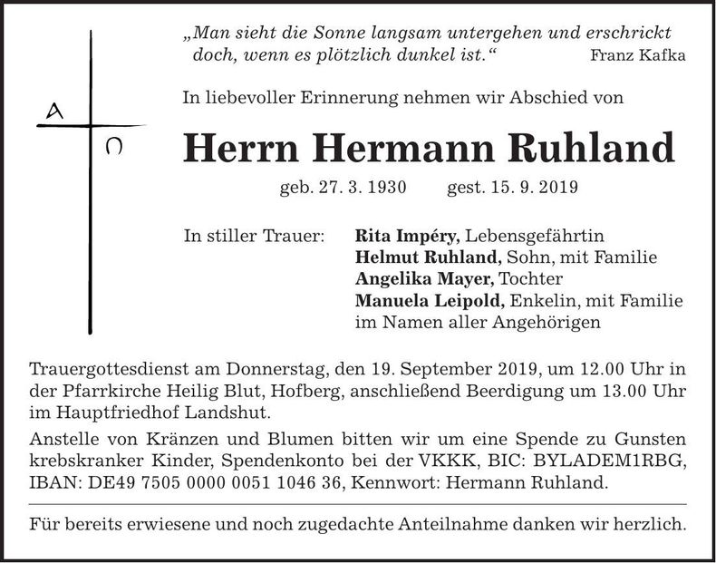 Traueranzeige Hermann Ruhland