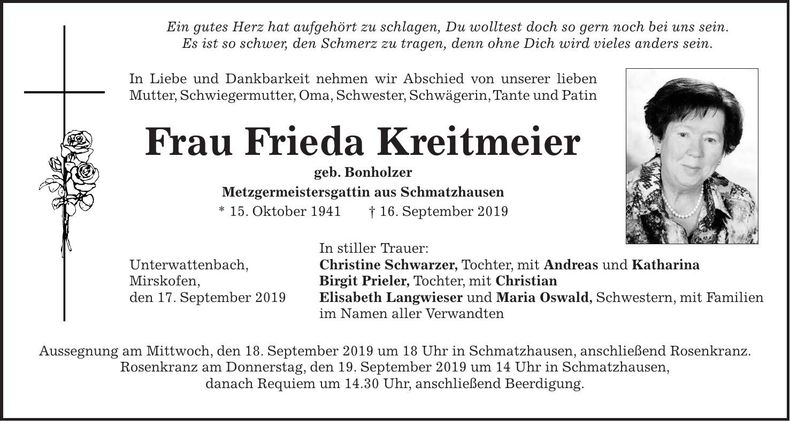 Traueranzeige Frieda Kreitmeier