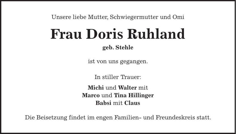 Traueranzeige Doris Ruhland