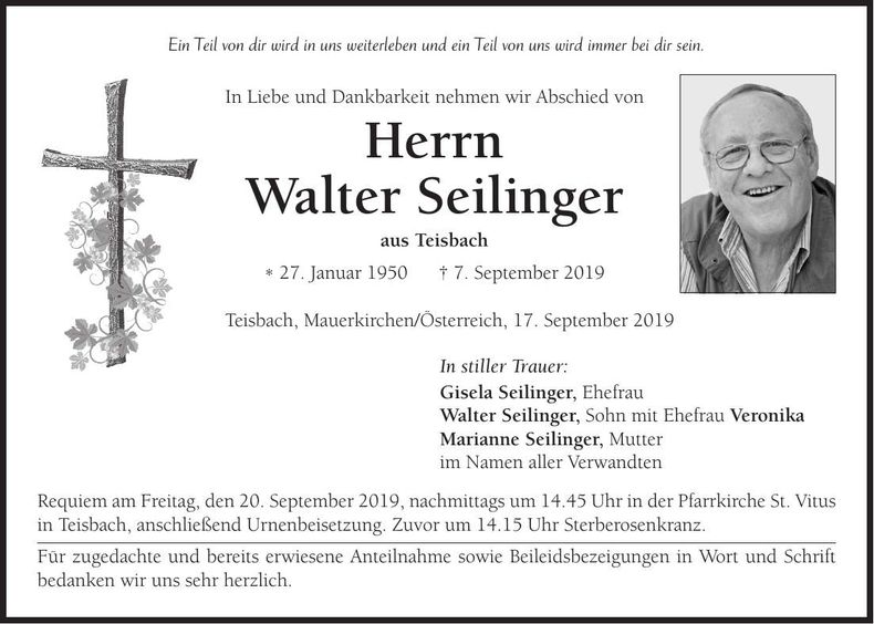 Traueranzeige Walter Seilinger