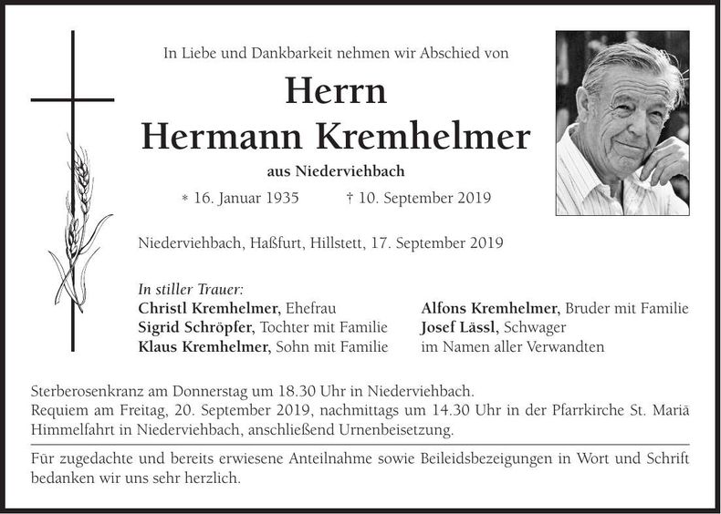 Traueranzeige Hermann Kremhelmer