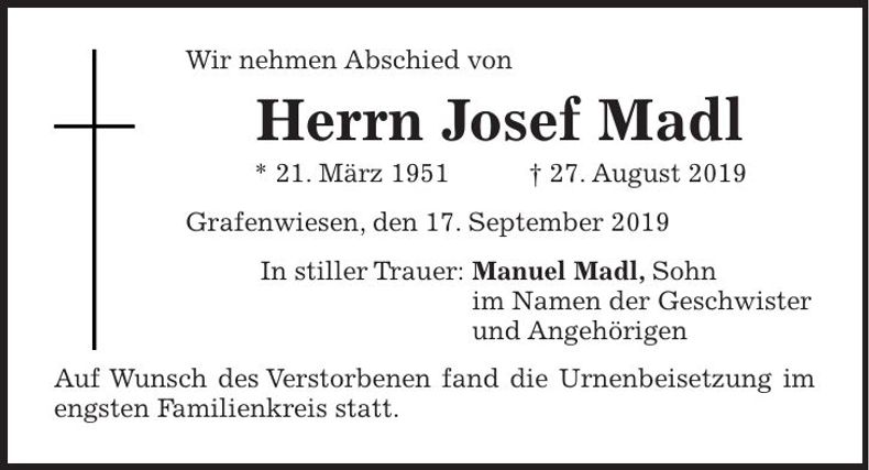 Traueranzeige Josef Madl