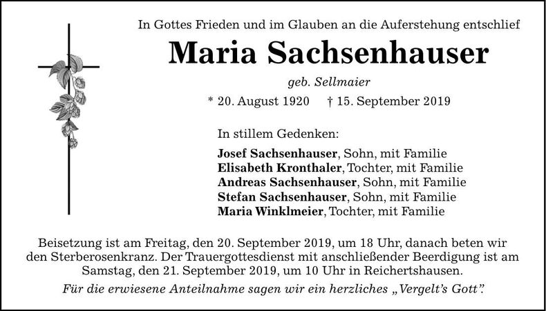 Traueranzeige Maria Sachsenhauser