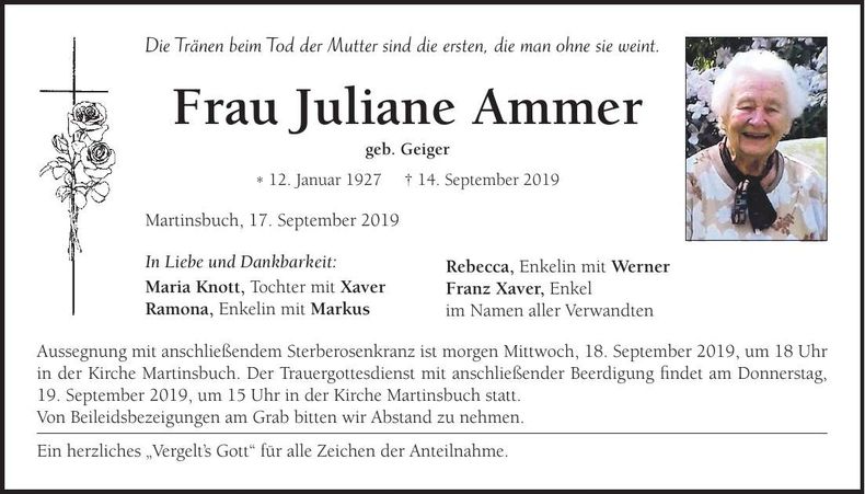 Traueranzeige Juliane Ammer