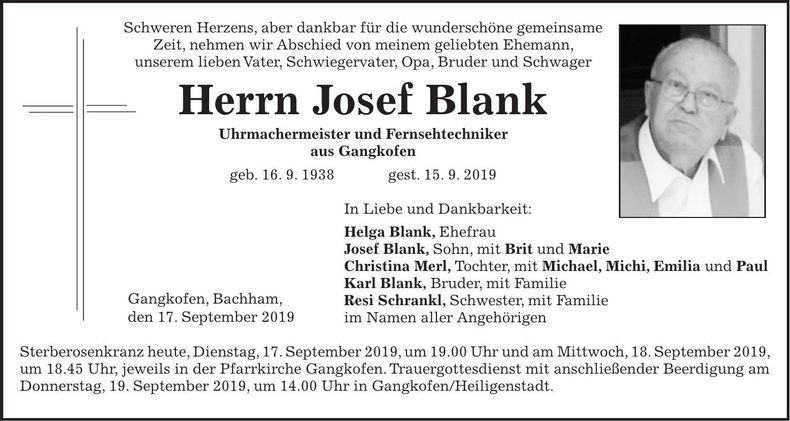 Traueranzeige Josef Blank