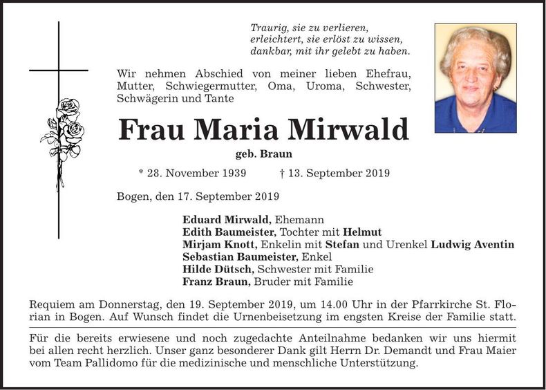 Traueranzeige Maria Mirwald