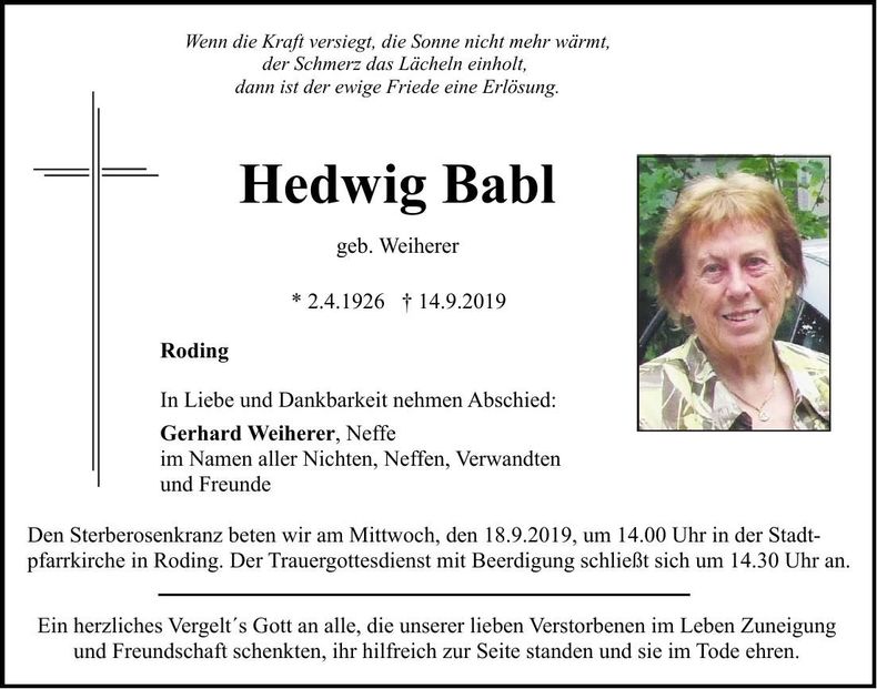 Traueranzeige Hedwig Babl