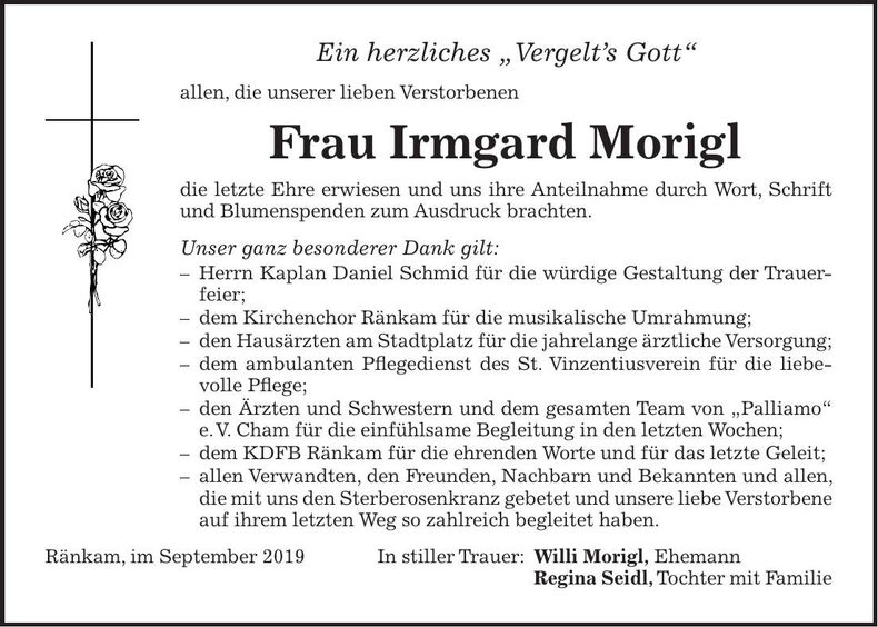 Traueranzeige Irmgard Morigl
