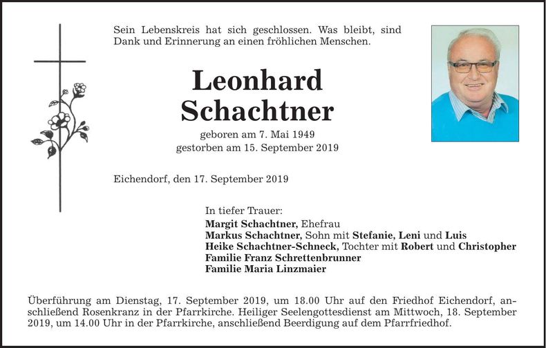 Traueranzeige Leonhard Schachtner