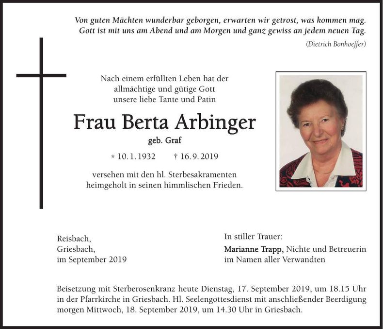 Traueranzeige Berta Arbinger