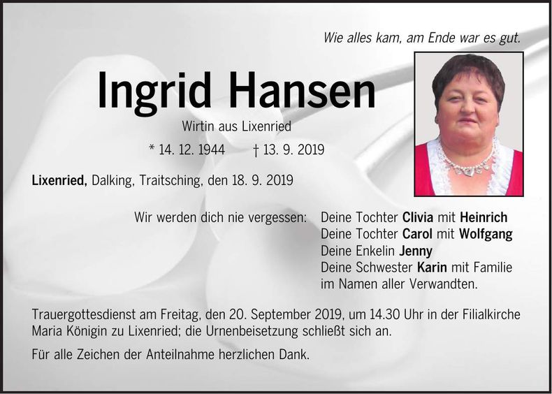 Traueranzeige Ingrid Hansen