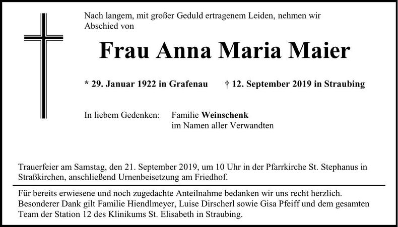 Traueranzeige Anna Maria Maier