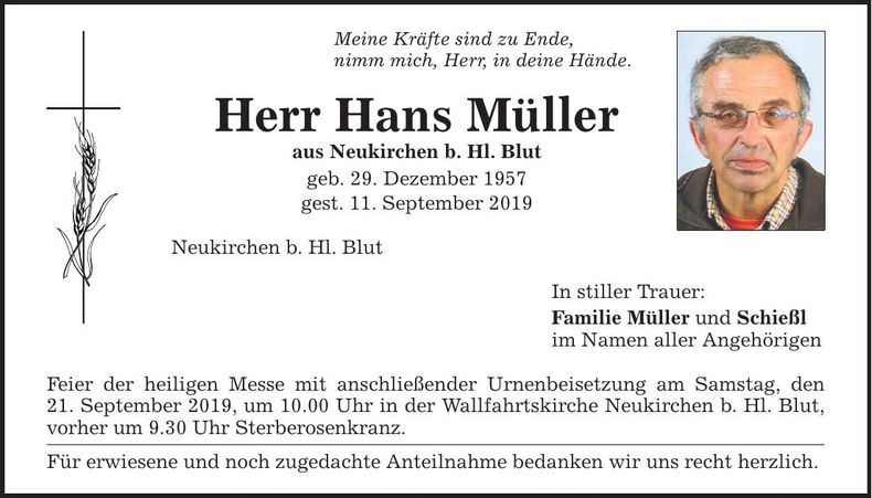 Traueranzeige Johann Müller