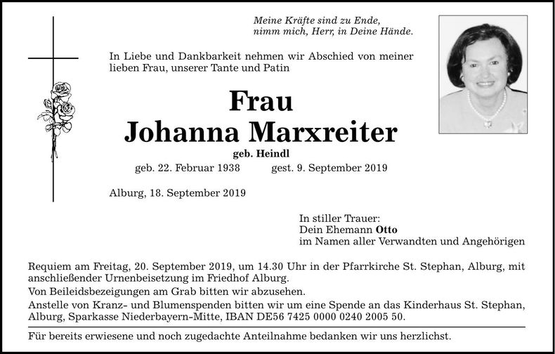 Traueranzeige Johanna Marxreiter