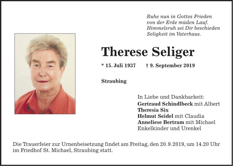 Traueranzeige Therese Seliger