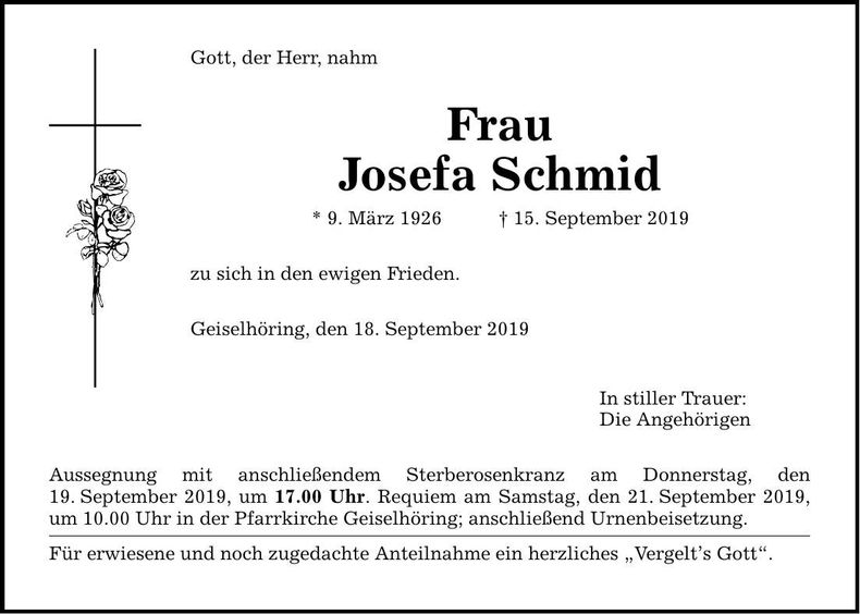 Traueranzeige Josefa Schmid