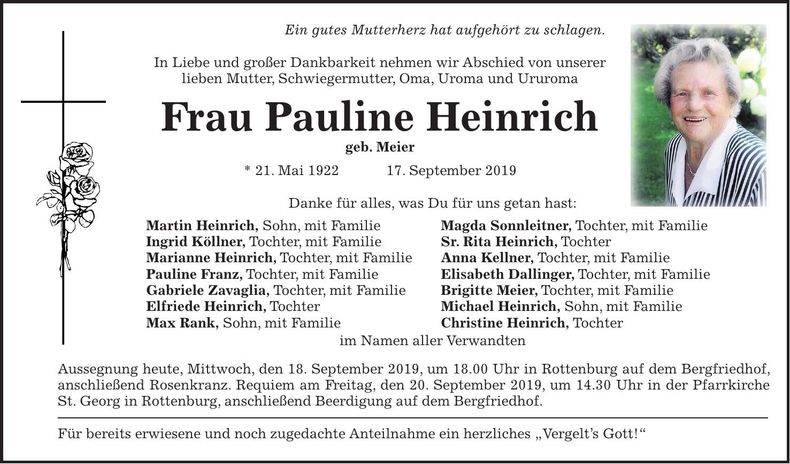 Traueranzeige Pauline Heinrich