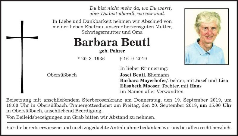 Traueranzeige Barbara Beutl