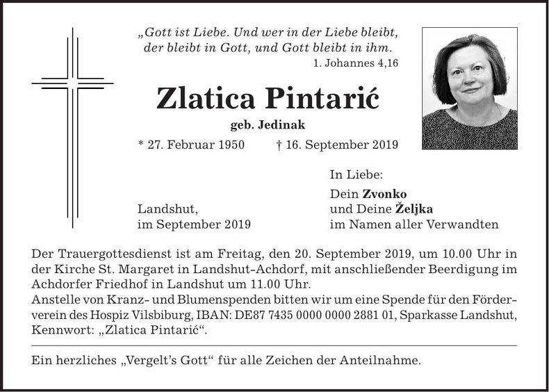 Traueranzeige Zlatica Pintaric`