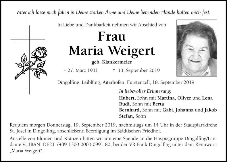 Traueranzeige Maria Weigert