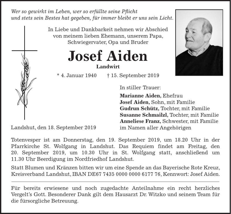 Traueranzeige Josef Aiden