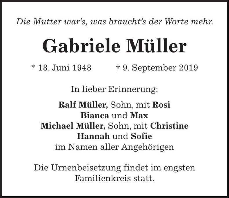 Traueranzeige Gabriele Müller