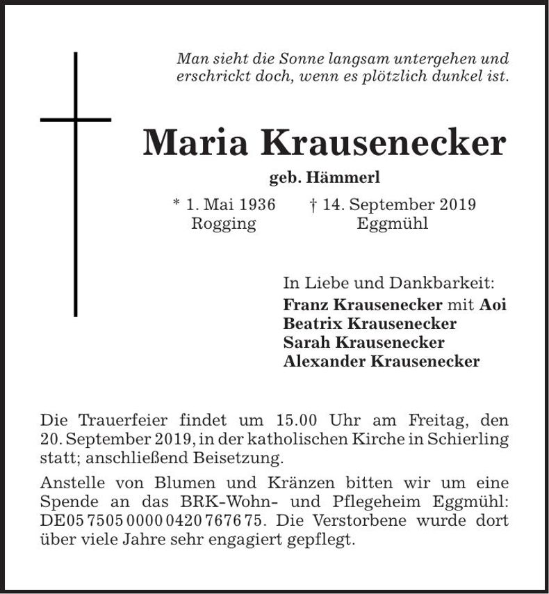 Traueranzeige Maria Krausenecker