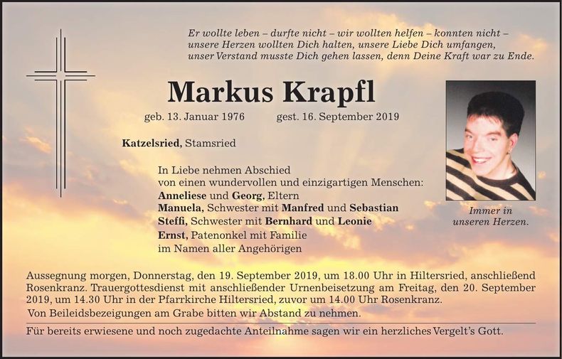 Traueranzeige Markus Krapfl