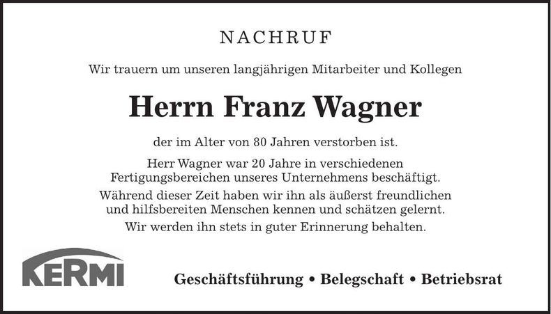 Traueranzeige Franz Wagner