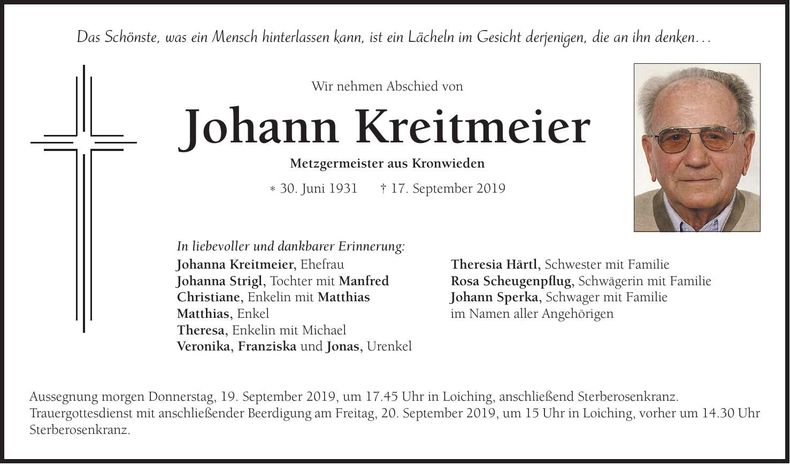 Traueranzeige Johann Kreitmeier