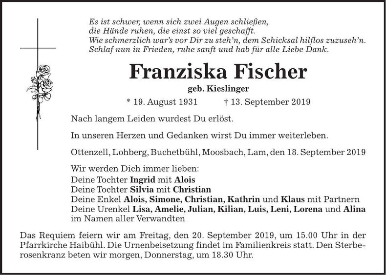 Traueranzeige Franziska Fischer