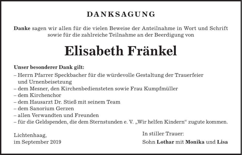 Traueranzeige Elisabeth Fränkel