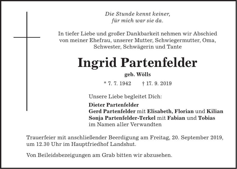 Traueranzeige Ingrid Partenfelder