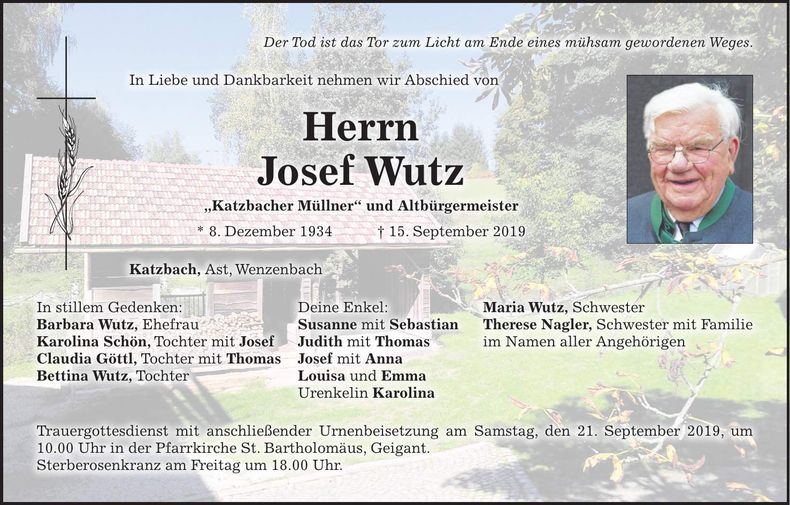 Traueranzeige Josef Wutz