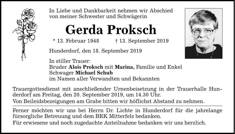 Traueranzeige Gerda Proksch