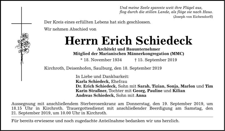 Traueranzeige Erich Schiedeck