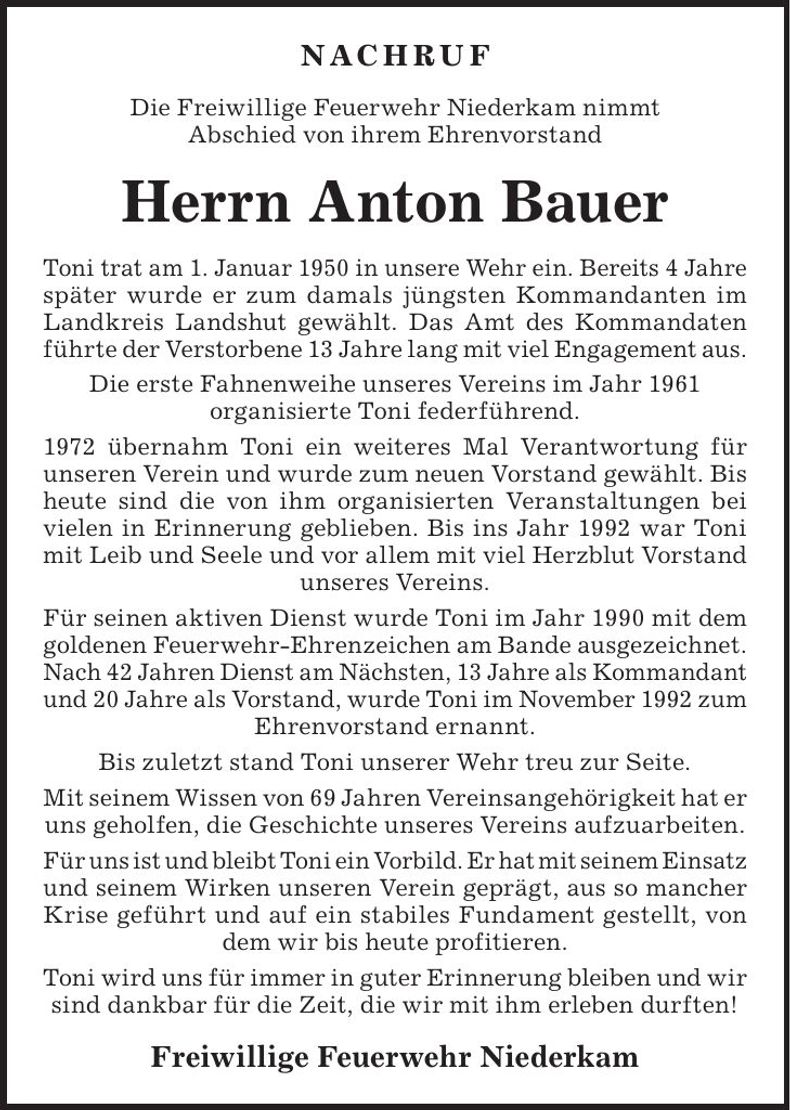 Traueranzeige Anton Bauer
