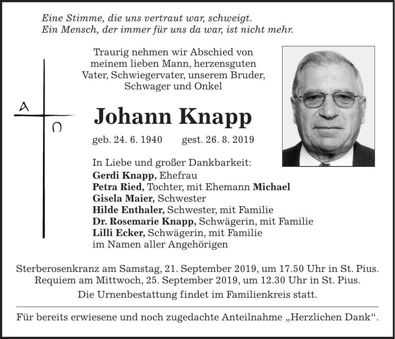 Traueranzeige Johann Knapp