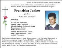Traueranzeige Franziska Janker