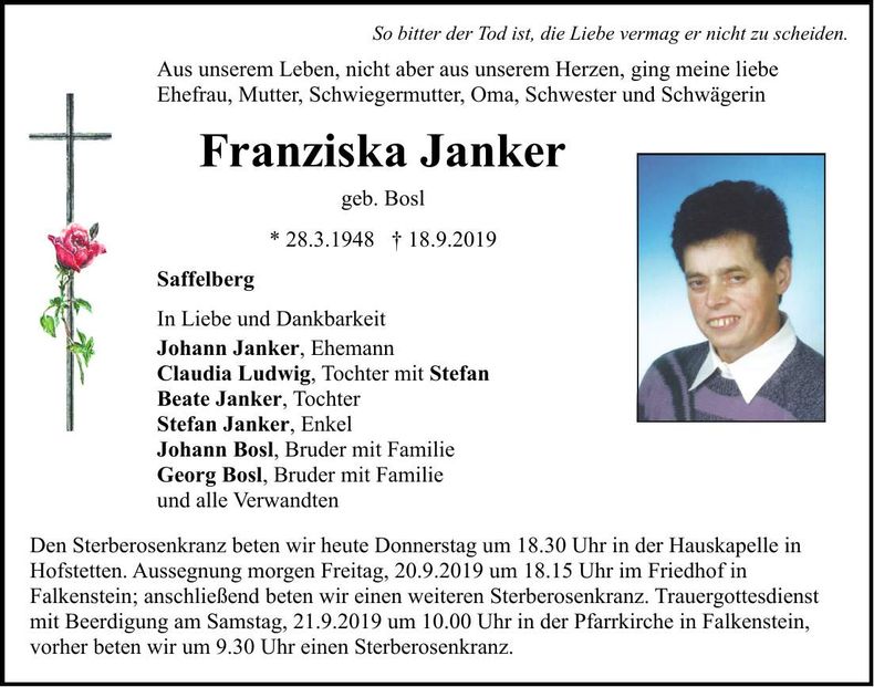 Traueranzeige Franziska Janker