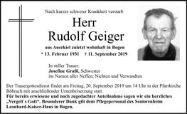 Traueranzeige Geiger Rudolf
