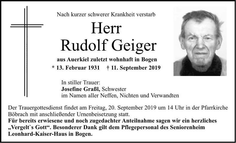 Traueranzeige Geiger Rudolf