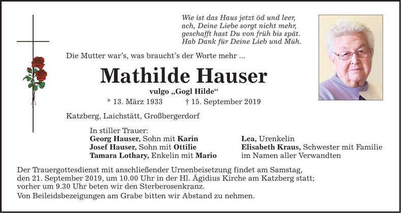 Traueranzeige Mathilde Hauser