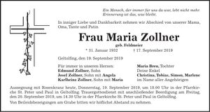 Traueranzeige Maria Zollner